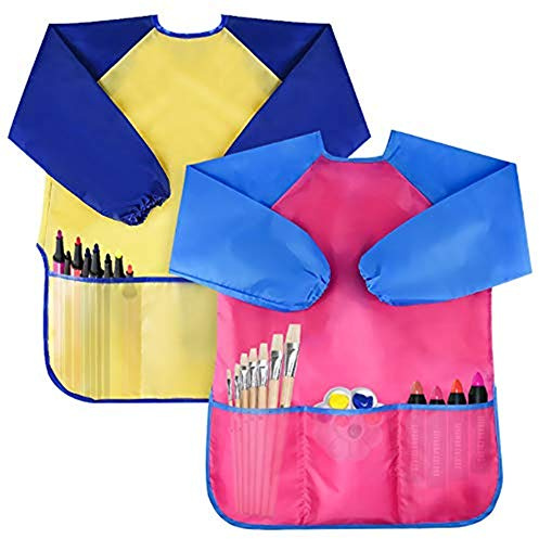 Amaza Tablier Peinture Enfant Imperméable, 2Pcs Blouse Peinture Enfant 3-8 ans à Manches Longues avec 3 Poches, Blouse d'arts Plastiques pour École,Artisanat, Dessin (Jaune & Rose)