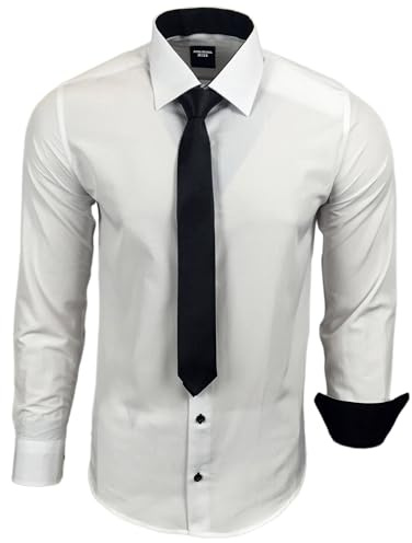 Subliminal Mode - Camisa para hombre de manga larga con cuello bicolor liso + Corbata negra, camisa de corte ajustado para negocios, fácil de planchar RN77, blanco, S