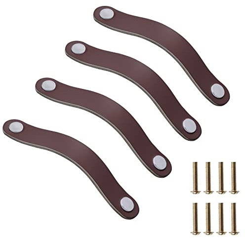 JeogYong Ledergriffe 4 Stück Schrankgriffe Möbelgriffe mit Schrauben Leder Griffe Möbel Schrankknöpfe Vintage Türgriffe für Schrank, Badschrank, Kommode, Schublade, Küchen (128 mm, Braun)
