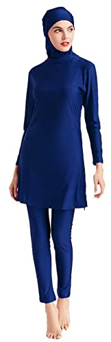 Maillot de bain 3 pièces pour femme musulmane,Haut de bain à manches longues,Pantalon hijab,Burkini modeste,Couleur unie,Maillot de bain islamique,Grande taille,Protection solaire, bleu marine, S