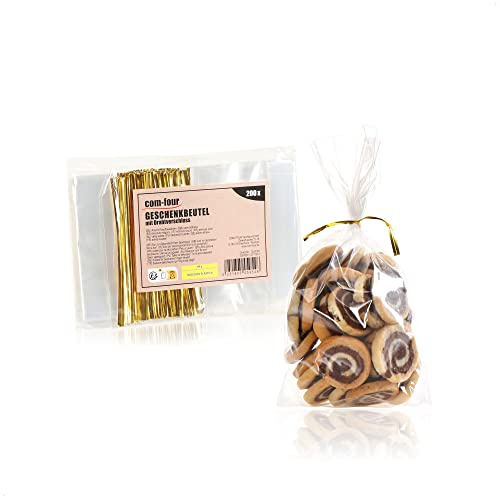 Com-Four® 200x Buste Trasparenti in Cellophan - Fondo Trasparente, Strisce di Rilegatura - Per Alimenti, Biscotti, Dolci e Generi Alimentari