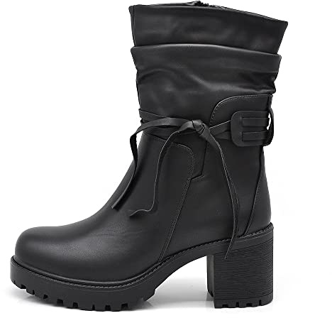 IF FASHION Stivaletti Tronchetti Arricciati da Donna In Pelle Sintetica Con Tacco Grosso Plateau Frange 6640 nero N.39