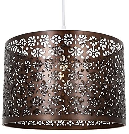 Unique Moroccan Designed Matt Bronze Metal Circular Pendant Light Shade with Floral Decor | 30cm Diameter | Maximum 60watt Bulb Allowed by Happy Homewares