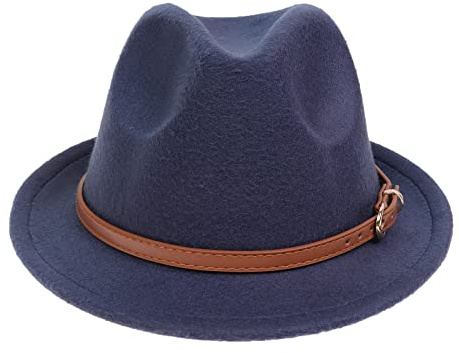 NiceYnn Women Men Wool Panama Hat Curl Brim Jazz Fedoras Gangster Trilby Derby Party Church Hat, Homburg 1920S Vintage Manhattan Felt Cap Navyblue & Belt