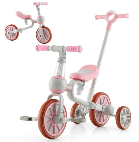 GYMAX 4 in 1 Kids Trike, Toddler Bike with Adjustable Push Handle, 2-Level Seat Height, Removable Pedals and Training Wheels, Baby Balance Bike Birthday Toys for Boys & Girls (Pink)