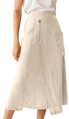 IDEALSANXUN Linen Skirts for Women 2025 Summer Casual Cotton A Line Elastic High Waisted Midi Skirts with Pockets, Beige, M