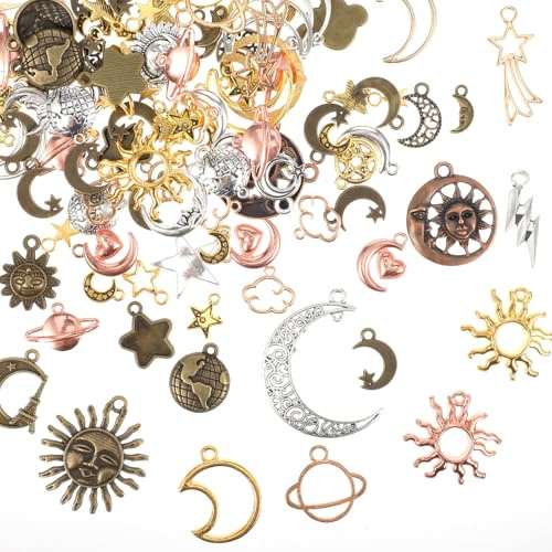100g Armband Anhänger Silber Antik-Silber Sonne Mond Sterne Tibetische Silber-Charms Metallanhänger In Form von Mond Sternen und Galaxien zur Schmuckherstellung für Schlüsselanhänger,Armbänder