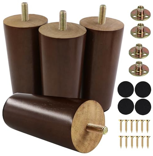 Yaliuliu 4 Inches Round Solid Wood Furniture Legs Set of 4, Brown Wooden Replacement Feet with Threaded 5/16'' Hanger Bolts for Sofa, Couch, Armchair, Cabinet, TV Stand, Ottoman and Dresser