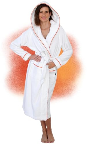 ELEVAVIDA Peignoir de Bain Femme en coton douillet 400 g/m2 avec Capuche - blanc - robe de chambre femme extra doux et confortable - taille S - peignoir de bain sauna en éponge - certifié OEKO-TEX