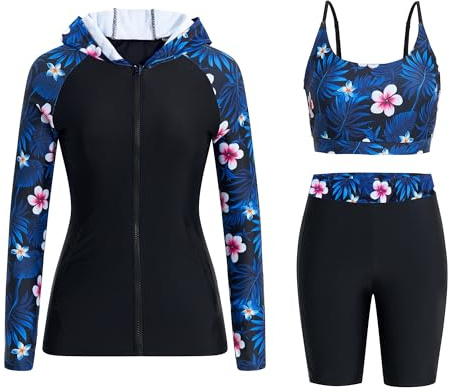 Owntop Womens 3-Piece Rash Guard | UPF50+ Swimsuits Hooded UV Shirt | Long Sleeve Zipper Rashguard Shirts & Bikini Top & High Waist Boyshorts | Swimming Surfing Modest Swimwear | Deep Blue L