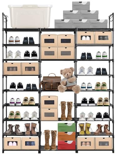 ALFKET Schuhregal 9 Ebenen 3 Reihe, Metall, 9-stufiges Schuhregal für 55-60 Paar Schuhe und Stiefel, Platzsparend, DIY-Kombination für Flur, Wohnzimmer, Schlafzimmer, Wandschrank, Schwarz