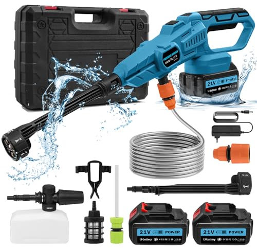 Sararoom Hidrolimpiadora de Alta Presión Sin Cable | 120 Bar Limpiadoras a presión | Móvil Hidrolimpiadoras Pistola, 2 batería, 6 en 1 Boquilla, 5m Manguera, para Hogar Jardín Coche Limpieza y riego