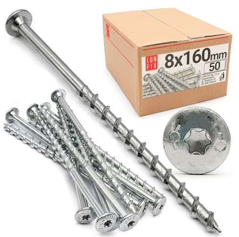 Lun Fix - Viti a testa piatta, 8 x 160 mm, per calcestruzzo aerato, zincate galvanicamente, TX30 Torx, in acciaio, adatte per tasselli per calcestruzzo a gas, 50 pezzi