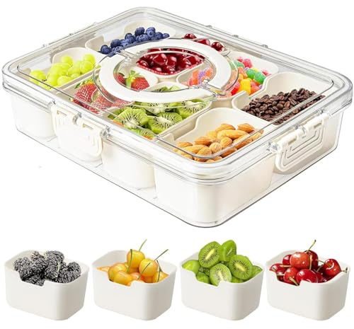 Kezidhp Snackbox mit Fächern - 8-fach Snackteller aus spülmaschinengeeignetem PP, mit Deckel & Tragegriff, Portable Aufbewahrungsbox für Süßigkeiten, Obst, Kekse, Gemüse, Nüsse