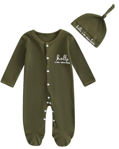 Geagodelia Newborn Boys Hello Im New Here Baby Grow with Hat | Baby Grow with Mittens and Feet, Long Sleeve Ribbed Romper, Baby Boy Winter Clothes, Boy Coming Home Outfit with Hat