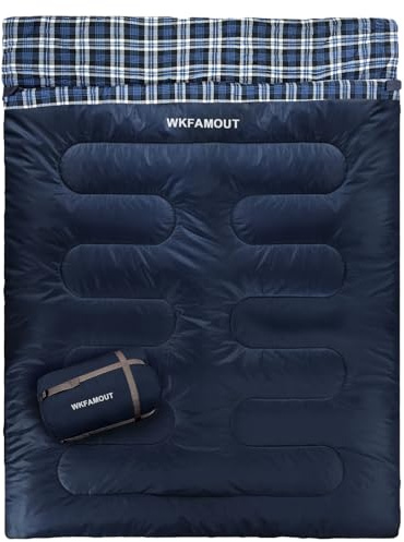 WKFAMOUT Double Sleeping Bag for Adults Machine Washable 2 Person Camping Sleeping Bag Queen Size Waterproof with Compression Sack for Cold Weather 3-4 Seasons