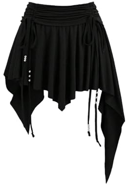 GORGLITTER Women's Ruffle Trim Mini Skirts Western A Line Pirate Skirts | Retro Gothic Style, Asymmetrical Ruched Hem, Y2k Party Skirt, Drawstring Low Waist, Going Out Skirts