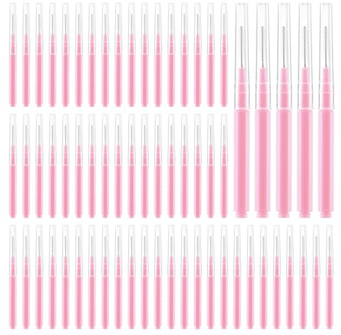 100 Pcs Micro Eyebrow Brush with Cap Portable Brow Lamination Brush Pink Micro Spoolies Eyebrow Lamination Brushes Professional Beauty Mini Mascara Wands for Eyelash Extensions Tool