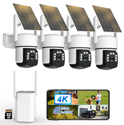 4K Camera Surveillance WiFi Exterieure sans Fil,4 Cam-Kit avec Home Station/Camera Solaire,360° PTZ Sécurité à Domicile,Vision Vocturne,Alarme,Audio Bidirectionnel,2.4/5G WiFi,Suivi Automatique,8MP HD