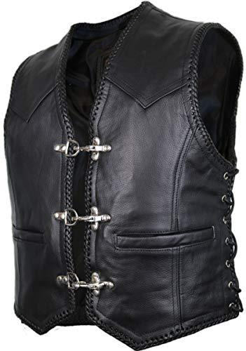 Gilet pelle uomo moto – in vera pelle nera, stile biker con ganci cromati, lacci laterali regolabili e rifinitura intrecciata, ideale per patch club motociclistici (IT, Testo, S, Regular, Regular)