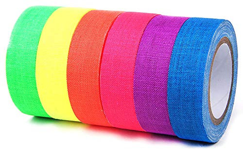 Nastro in Tessuto Gaffer Fluorescente 5M(30M), Konesky 6pcs Nastro Fluorescente Nastro Adesivo Colorato Neon Tape Adesivi Fluorescenti per le Decorazioni di Halloween di Arte del Partito Mestiere