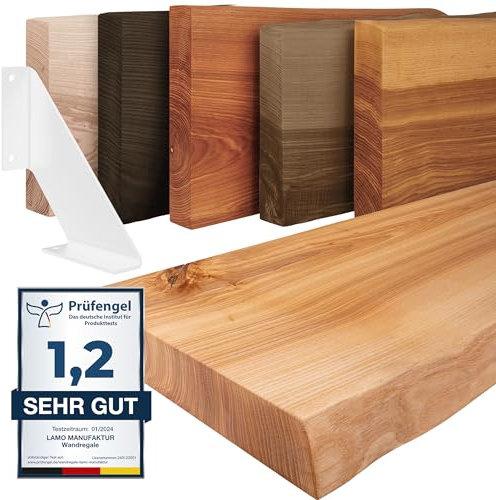 LAMO Manufaktur Holzregal mit weißen V-förmigen Halterungen | Wand Regal 40 cm breit für Badezimmer, Flur, Küche im Industrial-Stil | Farbe: Natur, Kante: natürlich | Massivholz, Vintage-Charakter