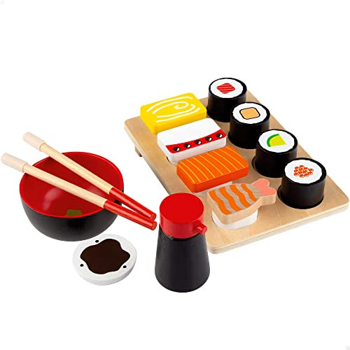 WOOMAX Sushi Essen, Holz, Lebensmittelspielzeug, Lebensmitteltablett für Kinder, 14 Stück, +2 Jahre, 49336