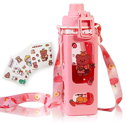 GMKD Kawaii Water Bottle for Girls Cute Kids Water Bottles with Straw Square Drinking Bottle, Portable Leakproof Water Jug for School, 24 oz (Pink-700ml)
