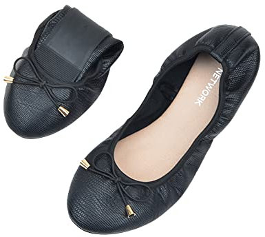 ERLINGO Damen-Ballettschuhe, faltbar, mit Schleife, zum Aufrollen, für Damen, rutschfest, zusammenklappbar, für Hochzeiten und Partys, Schwarz , 38 EU