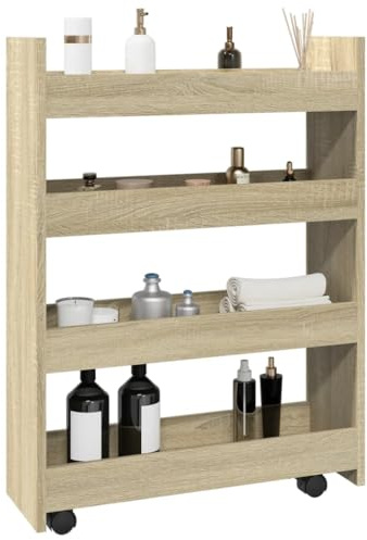 LKJVFCPW Chariot de rangement fin à 4 niveaux, chariot utilitaire de cuisine étroit sur roulettes, étagère de rangement en grain de bois pour salle de bain, salon et petits espaces, chêne Sonoma