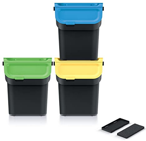 Kreher Set: 3 x Stapelbarer Mülleimer | Mülleimersystem | Abfalltrennsystem mit Deckel und Aktivkohlefilter, Nutzvolumen 20 Liter, aus robustem Kunststoff.