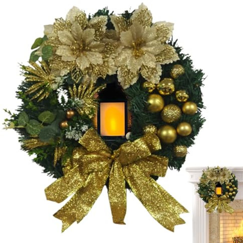 SKUDA Ghirlanda di Natale | Ghirlanda per Interni ed Esterni con Lanterna a LED,Ghirlanda di Tessitura di Agrifoglio in Rattan per Camera da Letto, Porta d'ingresso, Parete, Giardino, Balcone