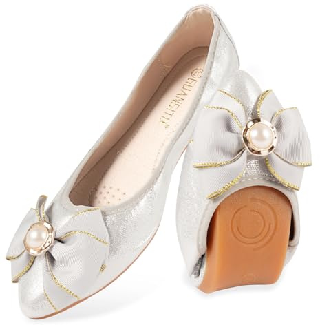 MACHSWON Womens Ballet Flats Comfortable Casual Pointed Toe Bow-Knot Slip on Wedding Ballerina Dressy Flats Shoes Women(Silver-88, Size 8)
