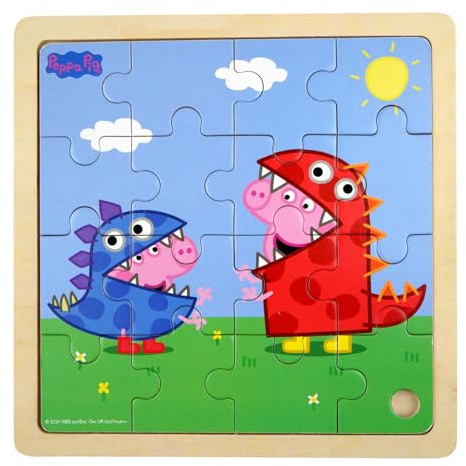 Barbo Toys - Peppa gris - pussel - dinosauriedräkter - från 1 år - träpussel innehåller 16 bitar - illustrationer av Peppa och George