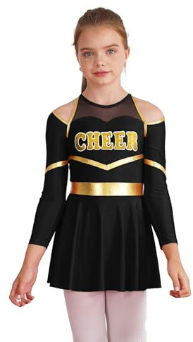 Sxiwei Kinder Mädchen Cheerleading Tanz Outfits Kontrast Farbe Cheer-leader Uniform Langarm TanzKleid Karneval Party Halloween Fasching Schwarz 158-164