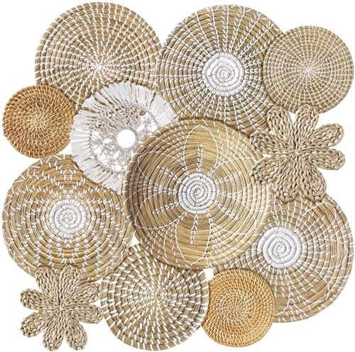 11 Pcs Boho Hanging Wall Basket Decor Handmade Woven Basket Wall Decorative Boho Wicker Baskets Placemats Round Farmhouse Bulrush Art for Rustic Home Decorations Christmas Gift(Fresh)