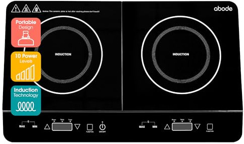 Abode Double Induction Hob Portable Digital Touch Control 2800W Double Electric Hob with 2 Cooking Zones, Plug In & Go, 10 Heat Settings 3 Hour Timer Black, Child Safety Lock AINDH2003