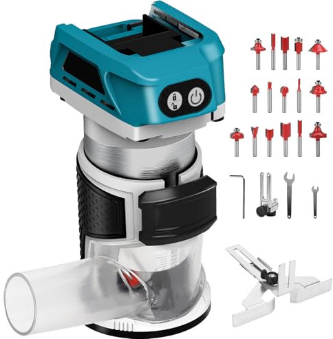 Akku Kantenfräse Kompatibel mit Makita 18V(Ohne Akku) Akku Hand Holz oberfräse Holzfräswerkzeug bürstenloser Multifunktionsfräse Holzfräse Handfräser für Holzkantenschneider mit 15x 1/4-Fräsersatz