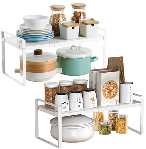 AKOLAFE 2er Set Küchenschrank Organizer Metall Erweiterbar 35 bis 65 cm Küchenregal Stehend für Arbeitsplatte Weiß 35x22x17cm Gewürz Organizer Gewürzhalter für Küche, Bad, Büro, Tischplatte, Anrichte