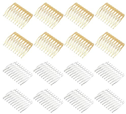 Lot de 16 peignes latéraux en métal, 10 dents, peignes pour voile, côté pour cheveux pour femme française avec dents pour accessoires pour cheveux avec clip pour chignon argenté et or