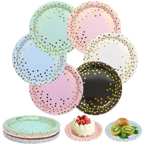 TOPBELIEF 36 Piezas Platos Desechable, Vajilla Desechable, Vajilla Fiesta Cumpleaños, Plato de Papel con Lunares,Vajilla de Fiesta para Bodas, Aniversarios, Camping, Picnics