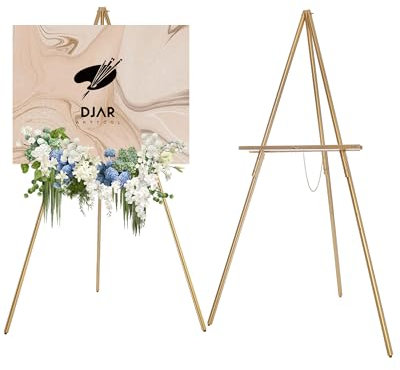 DJAR Caballete de madera de 63 pulgadas para cartel, altura ajustable de doble uso, caballete de exhibición de suelo de madera para boda, tablero de bienvenida, póster, imagen, foto, dorado