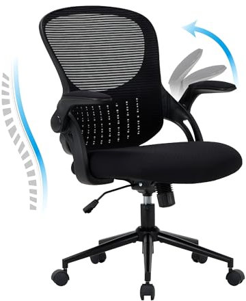 COLAMY Bürostuhl mit gepolsterter 90° hochklappbarer Armlehne, Lendenwirbelstütze, höhenverstellbarer ergonomischer Schreibtischstuhl, drehbarer Computerstuhl, bequemes Sitzkissen, Schwarz