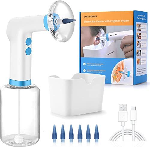 Ohrenschmalz Entferner, Elektrisches Ohrenschmalz Entfernungsset, Wiederaufladbar, mit 4 Spülmodi/6 Einwegspitzen/4 LED-Licht/Lupenobjektiv, für die Ohrreinigung bei Erwachsenen und Kindern