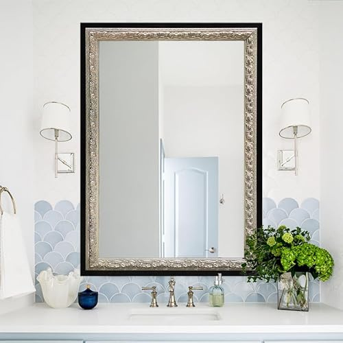 Large Black Vintage Bathroom Mirror, 40x28, Antique Wall Mirror for Vanity, Silver Foil Flower Petal Carvings Wooden Frame, Living Room, Entryway and Bedroom