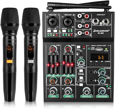 Pro 5 Channel Audio Mixer Mic Set for Live Streaming, Family Karaoke, Studio Recording, Bluetooth Dual Wireless Microphone System with USB Interface & 48V Phantom Power
