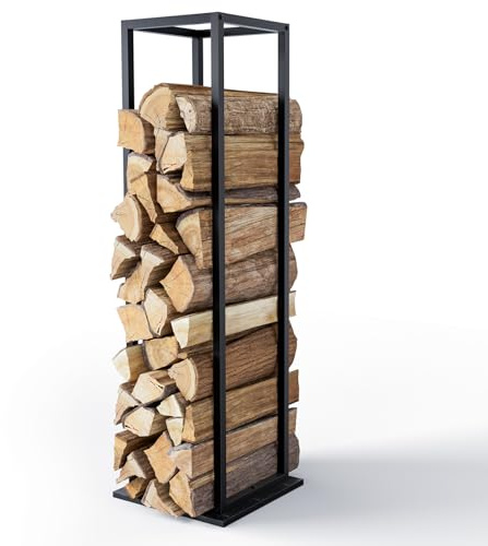 VOUNOT® Soporte de Madera Vertical de Metal 33 x 33 x 112 cm, Leñero con Estantería, Estante de Registro de Chimenea para Interior y Exterior, Negro