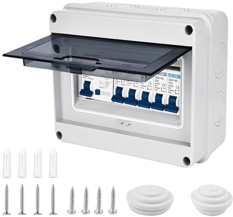 Behogan Caja de fusibles de superficie IP65 con disyuntor, disyuntor 63 A, 4 vías, 2 x 6 A+10 A+20 A+32 A, subdistribución en superficie, interruptor de separación CA, distribuidor pequeño, caja de