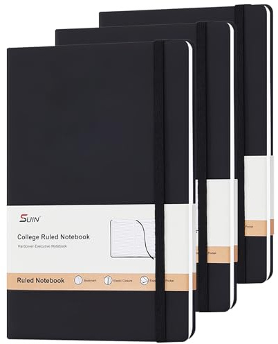A5 Notebook Hardback, 200 Pages Lined Paper, Faux Leather Journal for Men & Women, Black Notebook with Elastic Strap, Ribbon Marker & Inner Pocket, Ideal for Work, Study & Journaling (Black - 3 Pack)