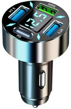 4-Port USB C Auto Ladegerät Zigarettenanzünder Adapter, 50W QC3.0, mit LED Voltmeter 12V USB Buchse, PD Schnellladegerät, kompatibel mit Phone, Android, Sasung, Tablet und Allen Smartphones